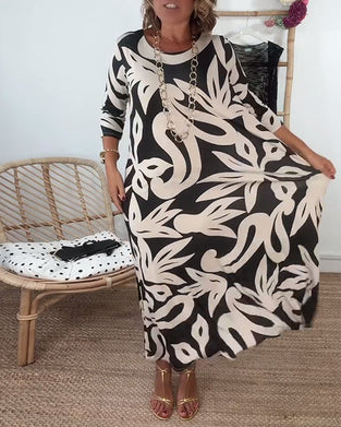 Sukienka Z Okrągłym Dekoltem I Długimi Rękawami Z Wzorem