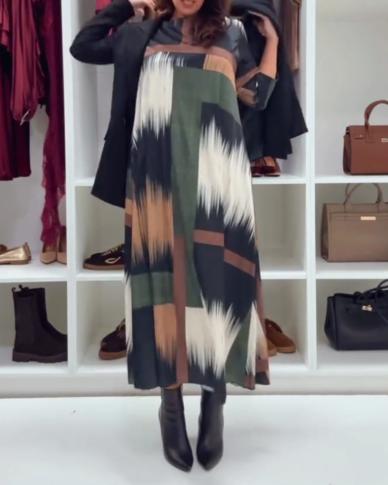 Modna Drukowana Sukienka Z Okrągłym Dekoltem I Długimi Rękawami