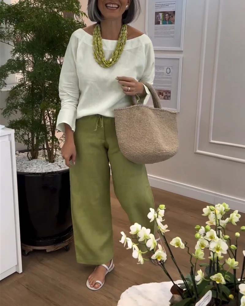 Prosty Top z Okrągłym Wypełnieniem, Jednokolorowym Kolorem i Długimi Rękawami