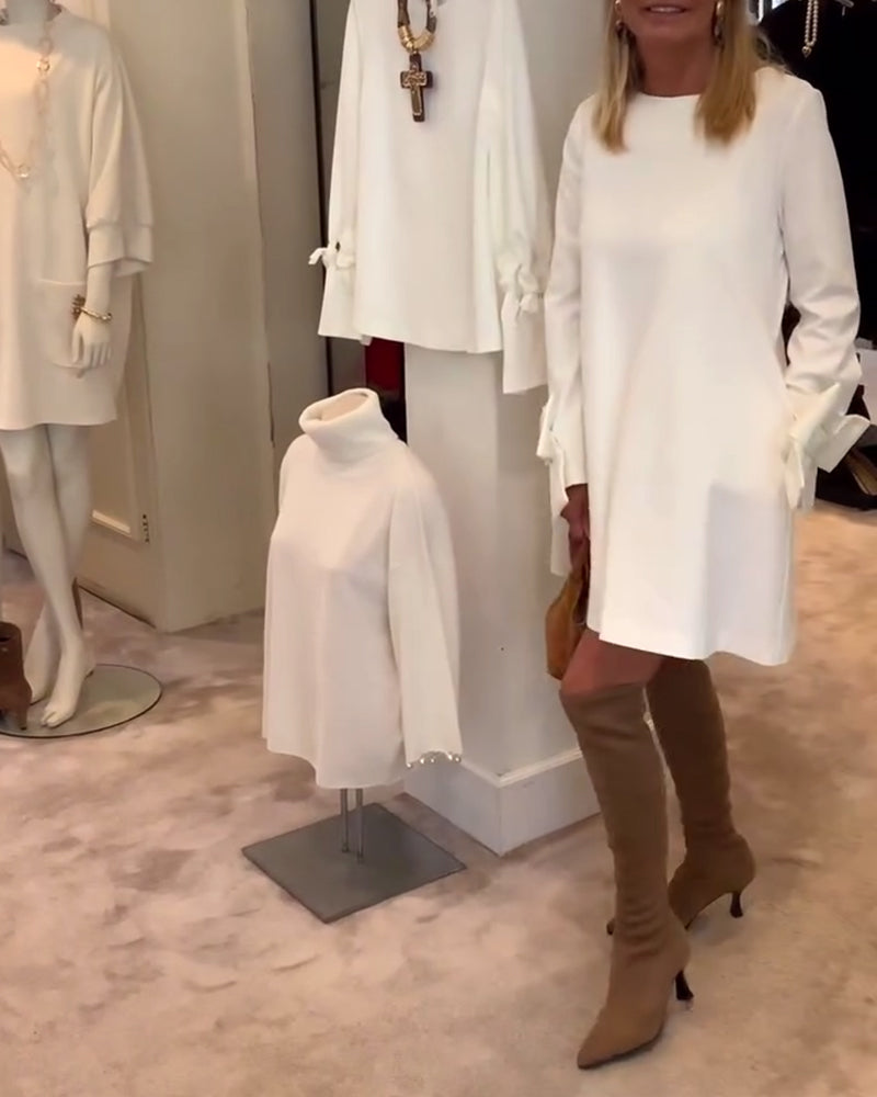 Sukienka Modna Okrągły Dekolt Kokarda Rękaw