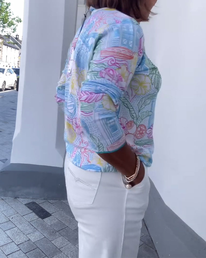 Sweter Z Dekoltem W Serek Z Nadrukiem Modny