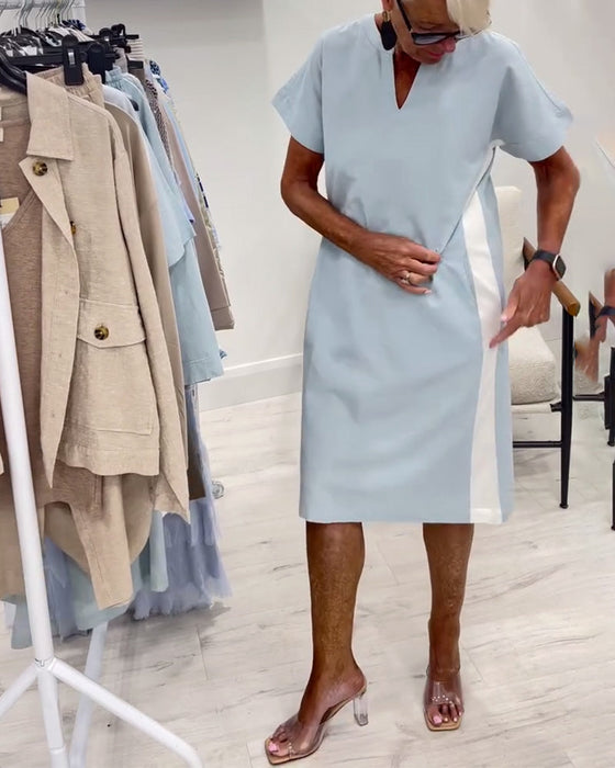 Sukienka Z Krótkim Rękawem Kontrastowy Kolor Prosta