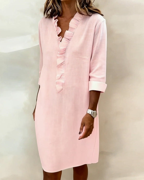 Sukienka Plisowany Dekolt W Serek Jednokolorowa