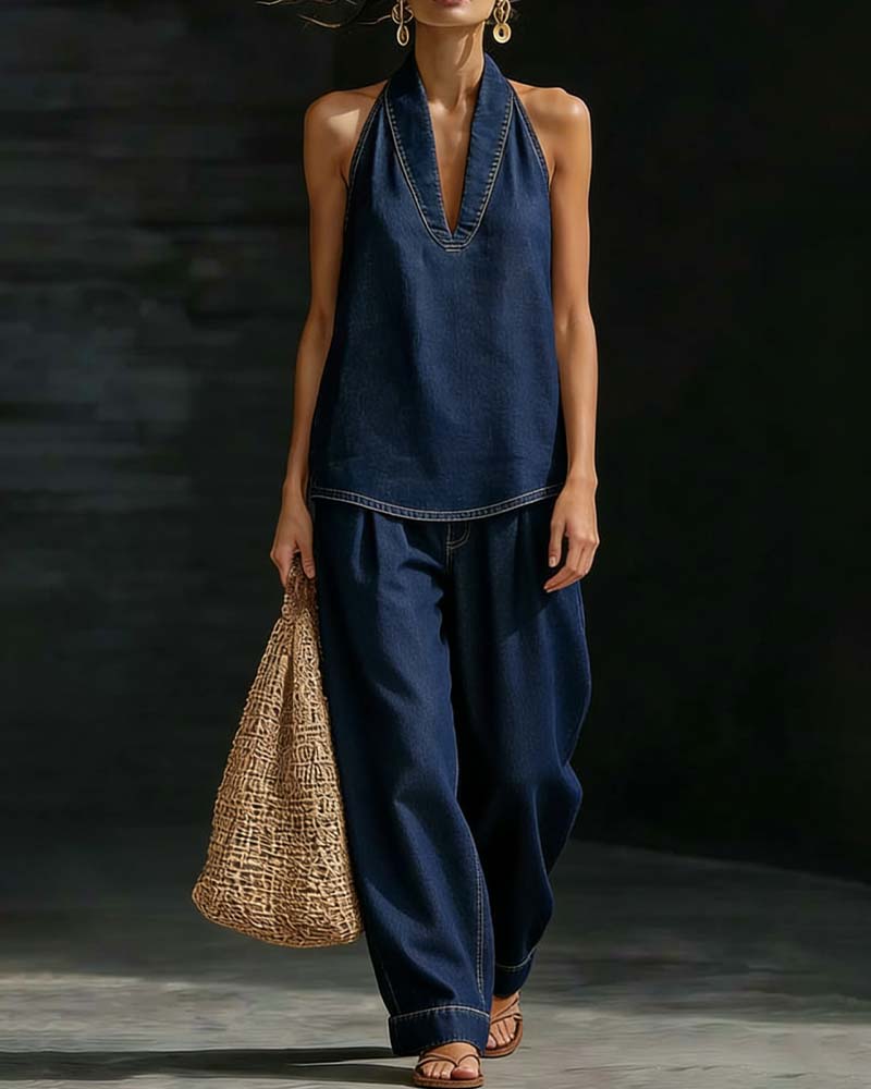 Set Moda Halter Szyja Denim