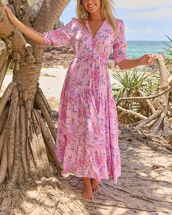 Sukienka Dekolt V Kwiatowy Krótkie Rękawy