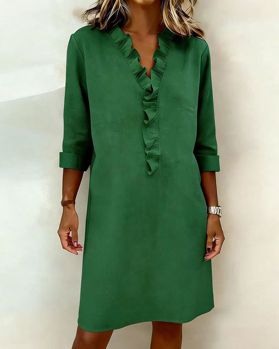 Sukienka Plisowany Dekolt W Serek Jednokolorowa