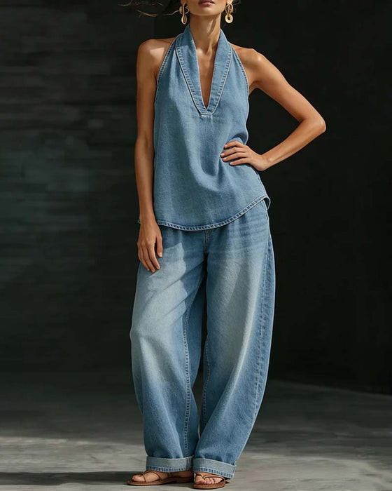 Set Moda Halter Szyja Denim