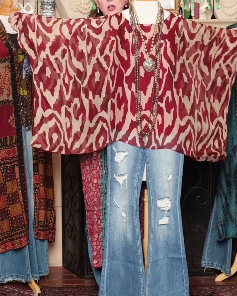 Bluzka Nietoperzowy Rękaw Nadruk Długi Rękaw