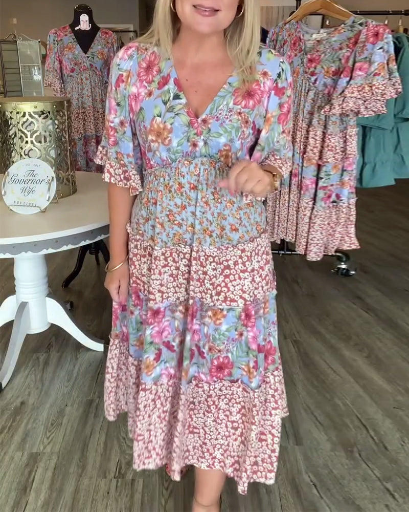 Sukienka Dekolt W Serek Rękaw Lotosowy Kwiatowy