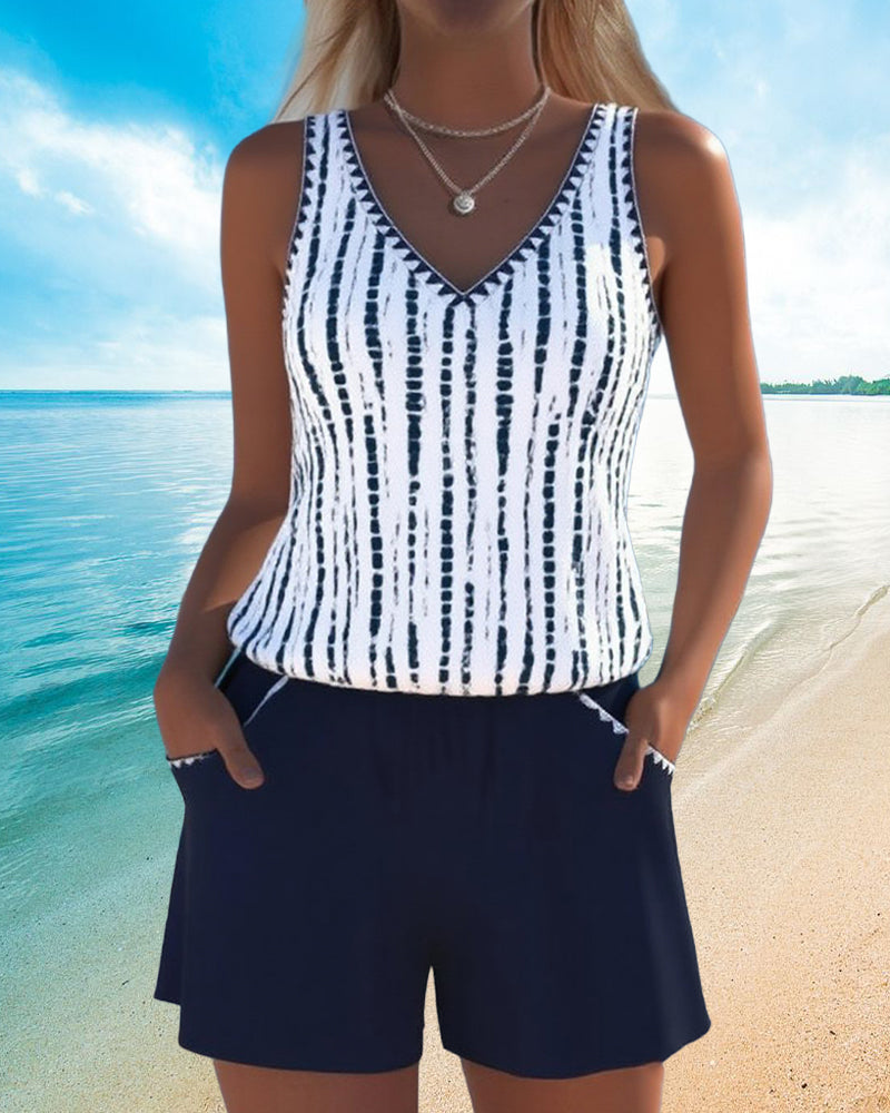 Strój kąpielowy casualowy z kieszeniami i dekoltem w serek, dwuczęściowy, z nadrukiem