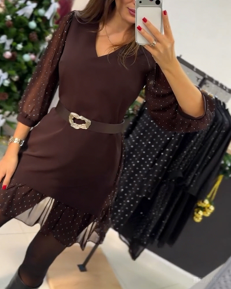 Stylowa Sukienka Z Dekoltem W Serek I Wzorem Patchwork