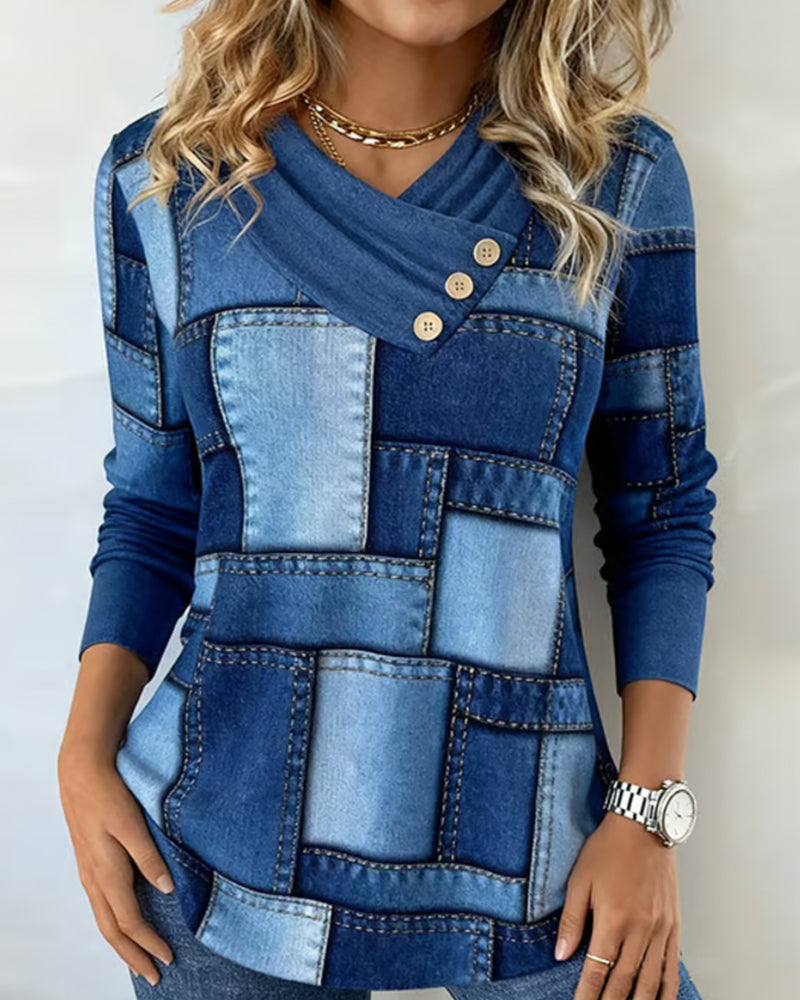 Długorękawowy Top Z Dekoltem W Serek I Jednolitym Kontrastem