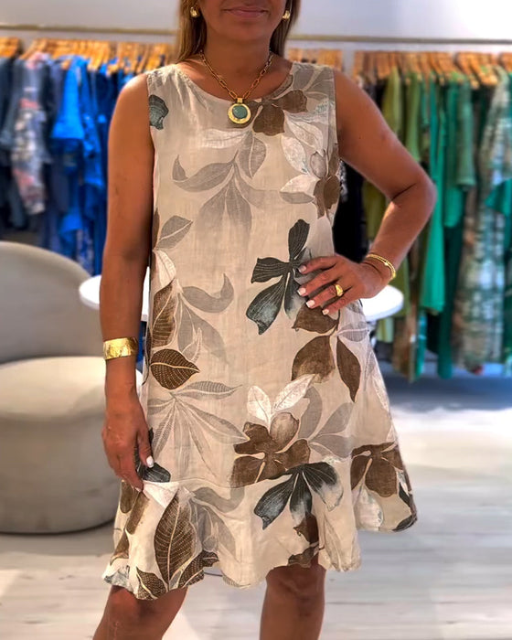 Sukienka Bez Rękawów Okrągły Dekolt Drukowana