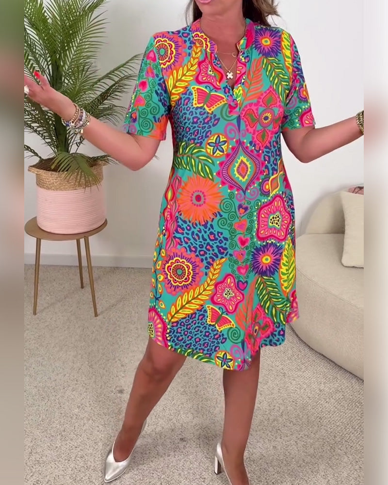 Sukienka Moda Krótki Rękaw Kwiatowy Nadruk