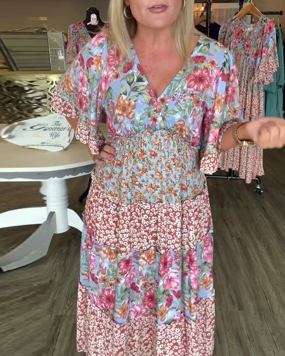 Sukienka Dekolt W Serek Rękaw Lotosowy Kwiatowy