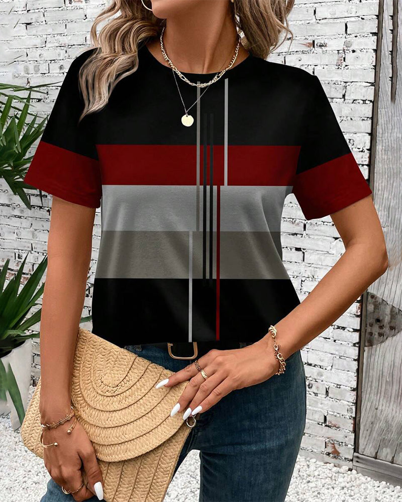 T-Shirt Okrągły Dekor Geometryczny Krótki Rękaw
