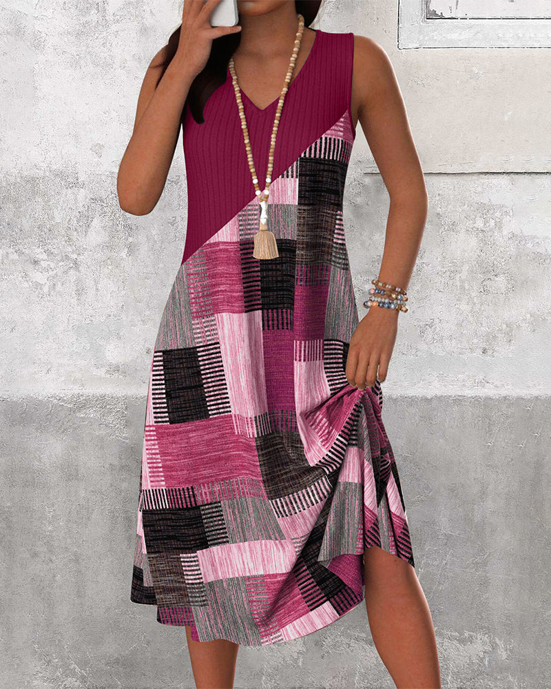 Sukienka Bez Rękawów Dekolt w Serek Kontrastowa