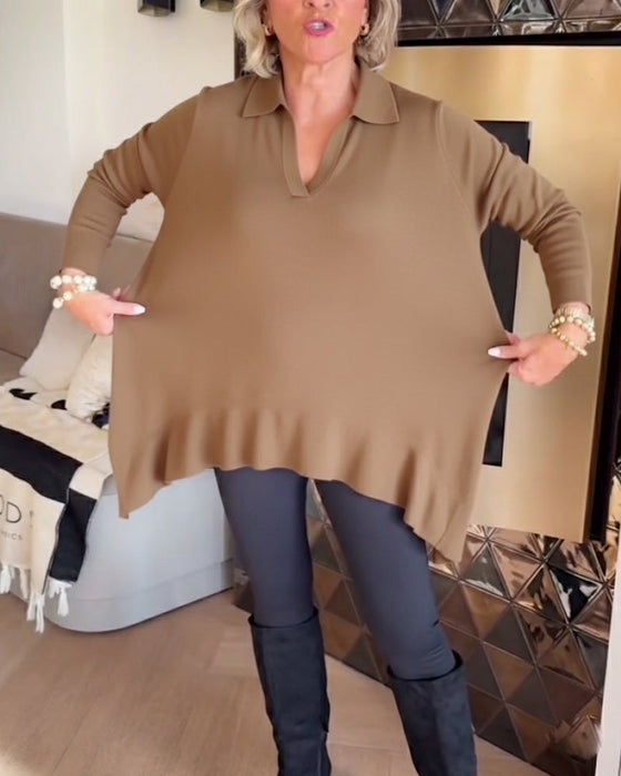 Nierówny Kołnierz Długi Rękaw Top