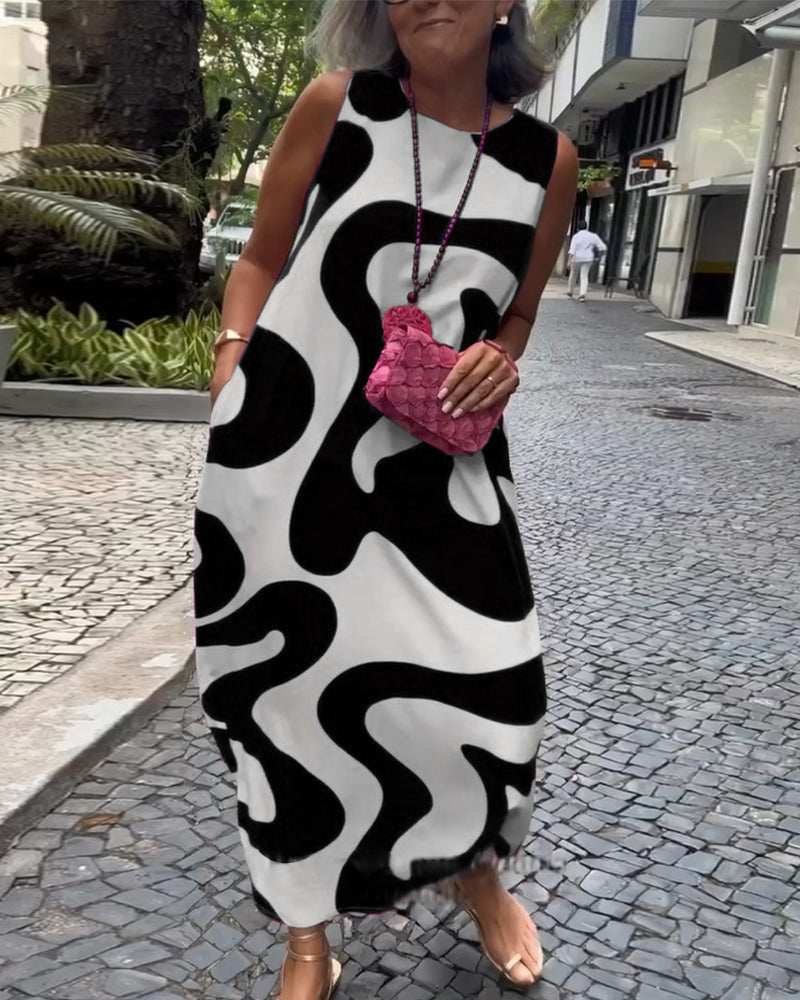 Sukienka Bez Rękawów Z Okrągłym Dekoltem I Geometrycznym Nadrukiem