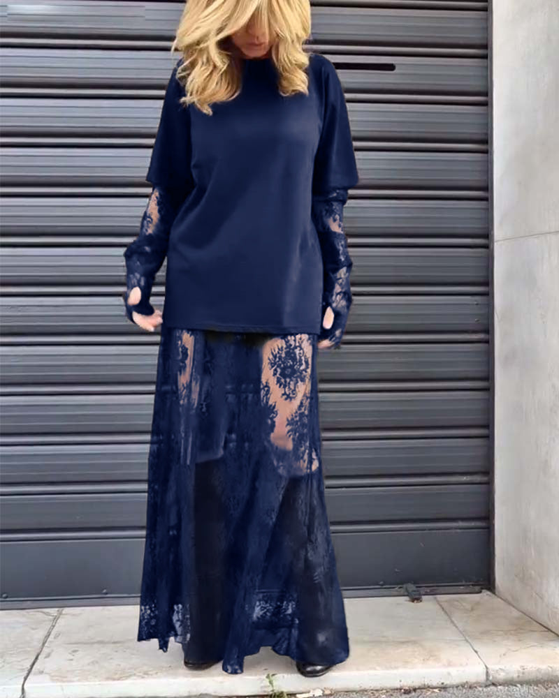 Dwuczęściowy komplet - koszulka w jednolitym kolorze i koronkowa spódnica