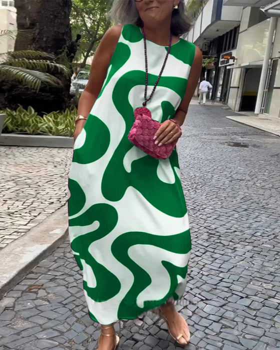 Sukienka Bez Rękawów Z Okrągłym Dekoltem I Geometrycznym Nadrukiem