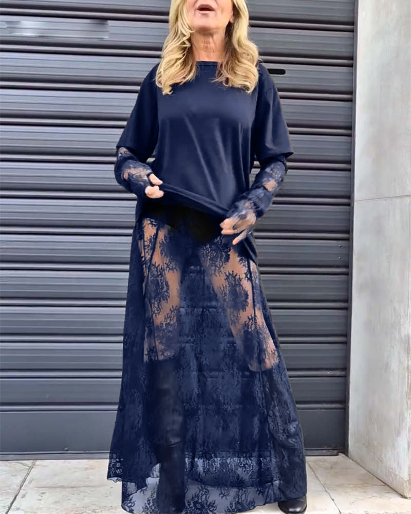 Dwuczęściowy komplet - koszulka w jednolitym kolorze i koronkowa spódnica