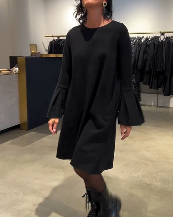 Sukienka Jednokolorowy Rozkloszowany Rękaw Marszczony