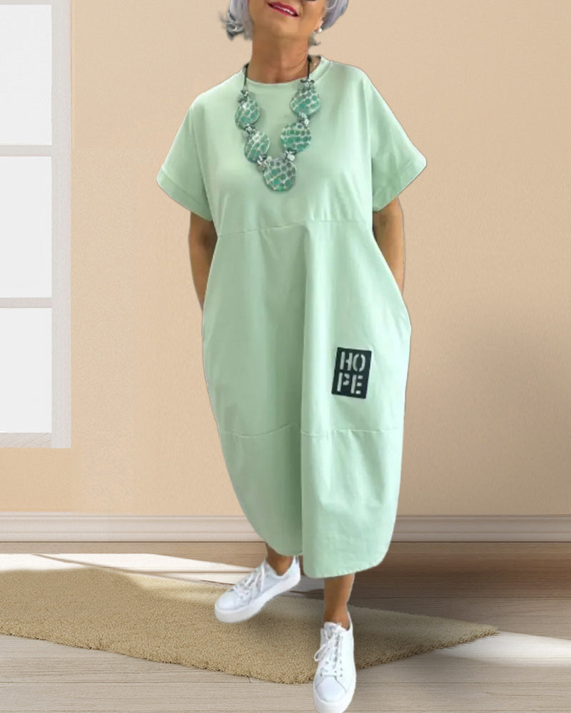 Sukienka Krótki Rękaw Swobodna Prosta Kieszeń