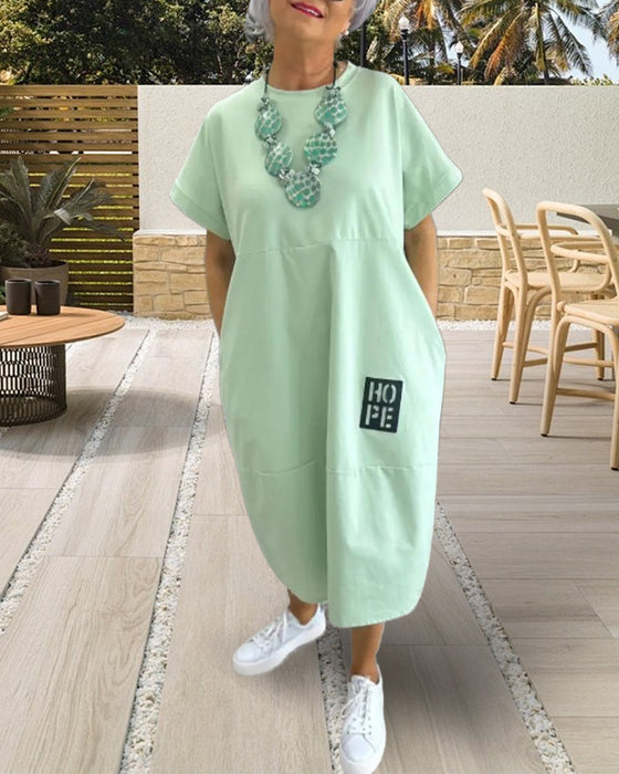 Sukienka Krótki Rękaw Swobodna Prosta Kieszeń