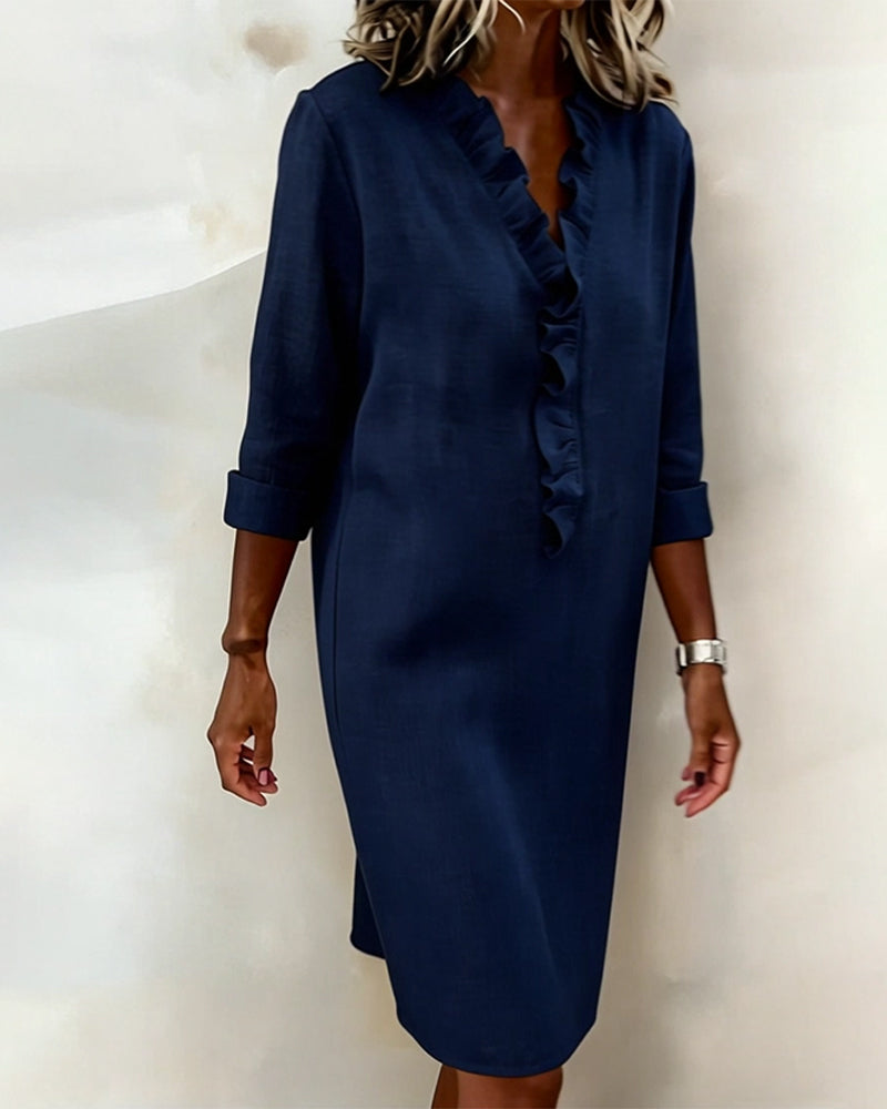 Sukienka Plisowany Dekolt W Serek Jednokolorowa