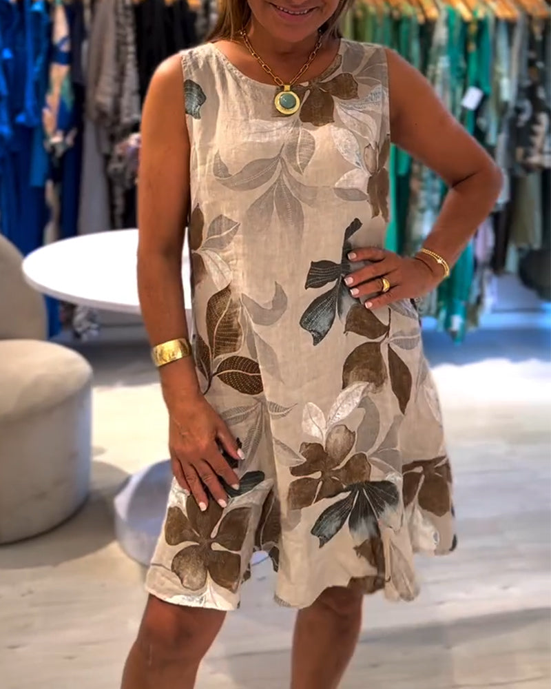 Sukienka Bez Rękawów Okrągły Dekolt Drukowana