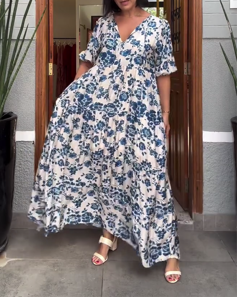 Sukienka Krótki Rękaw Kwiatowy Nadruk