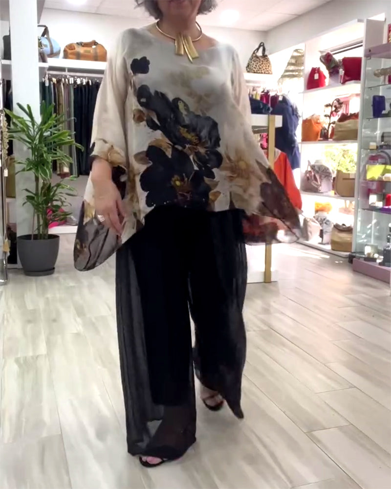 Bluzka Z Długim Rękawem Nieregularna Duży Kwiatowy Wzór