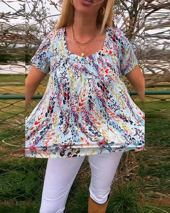 T-Shirt Z Dekoltem W U Krótkim Rękawem Wzorzysta