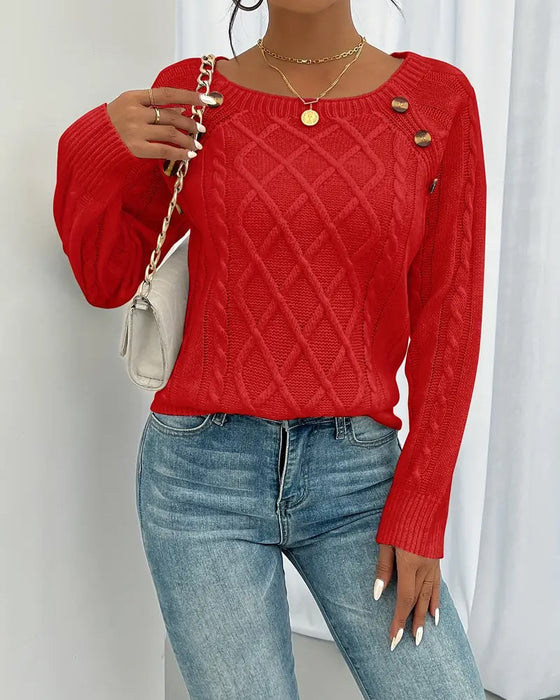 Sweter Jednokolorowy Rękaw Raglan Sprzączka Warkocz Ścieg