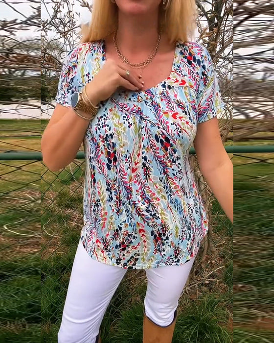 T-Shirt Z Dekoltem W U Krótkim Rękawem Wzorzysta