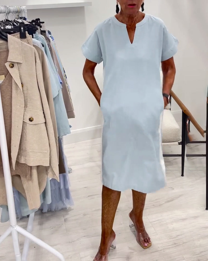 Sukienka Z Krótkim Rękawem Kontrastowy Kolor Prosta