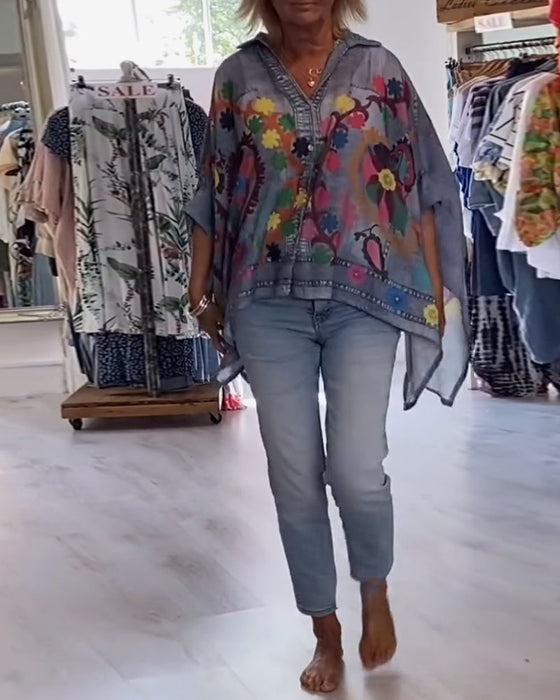 Bluzka Nieregularny Print Fałszywy Dżins