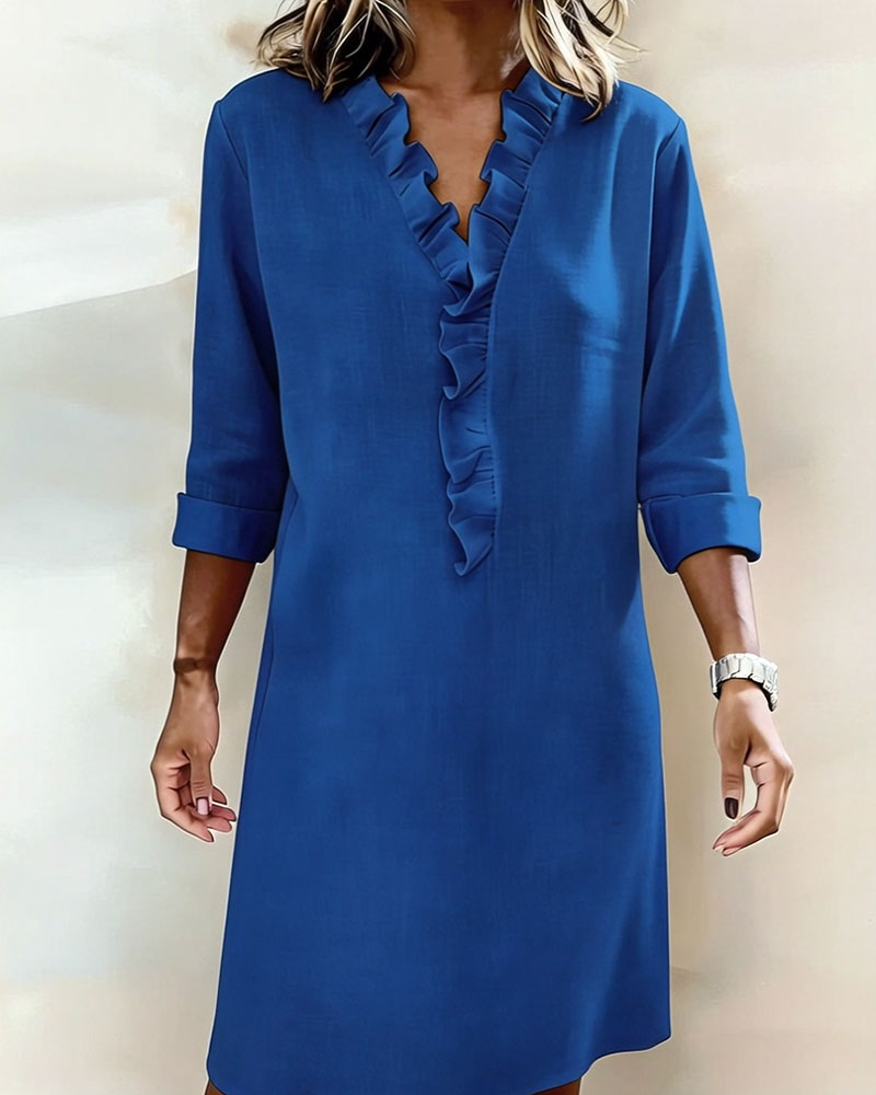 Sukienka Plisowany Dekolt W Serek Jednokolorowa