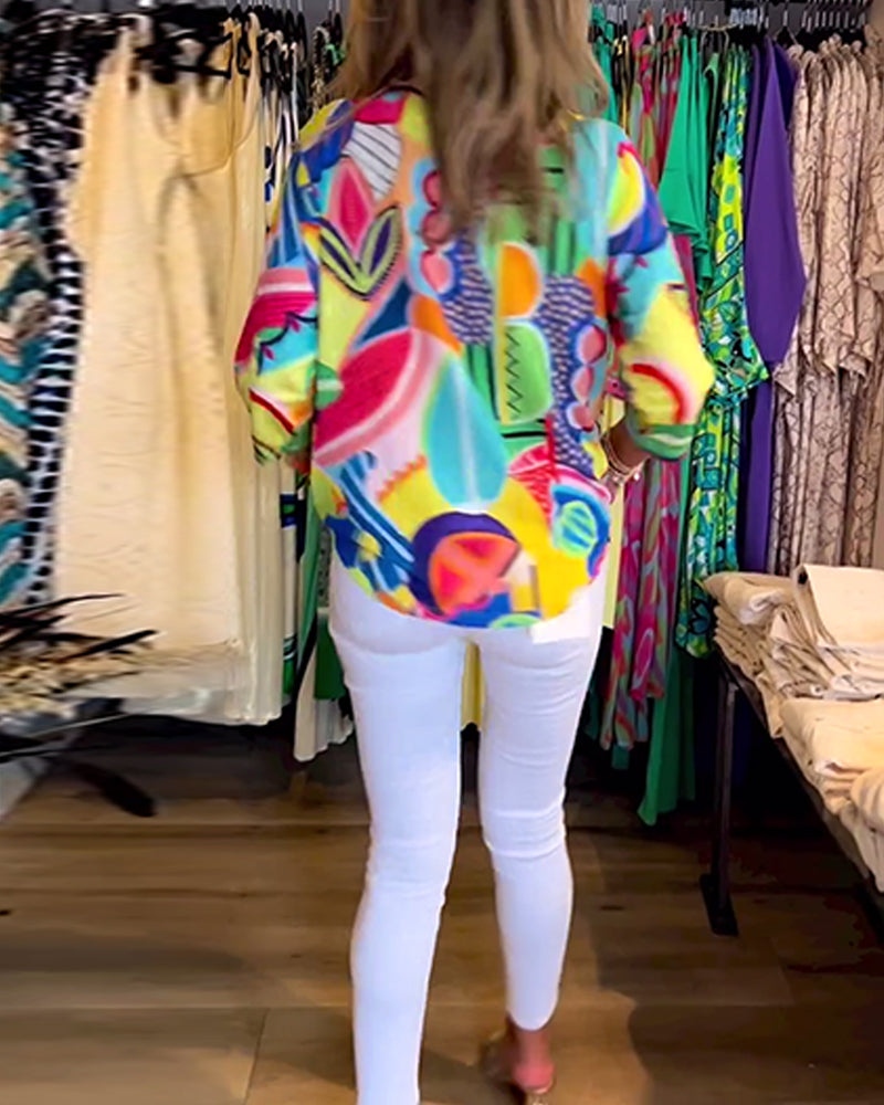 Luźna bluzka z nadrukiem z długim rękawem