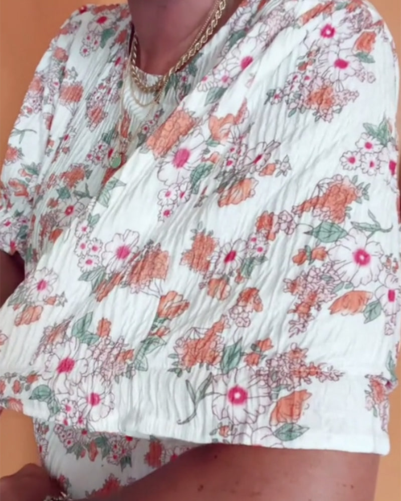 Bluzka Okrągły Dekor Kwiatowy Krótki Rękaw