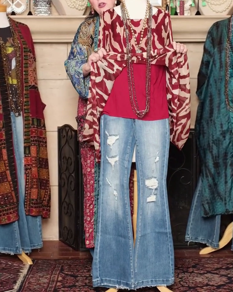 Bluzka Nietoperzowy Rękaw Nadruk Długi Rękaw