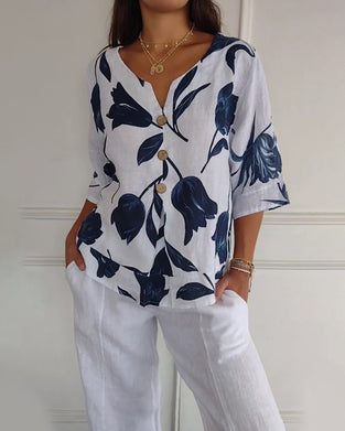 Bluza zapinana na guziki z bawełny i lnu w kwiatowy wzór