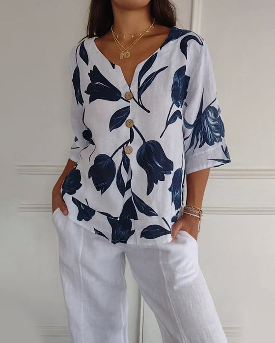 Bluza zapinana na guziki z bawełny i lnu w kwiatowy wzór