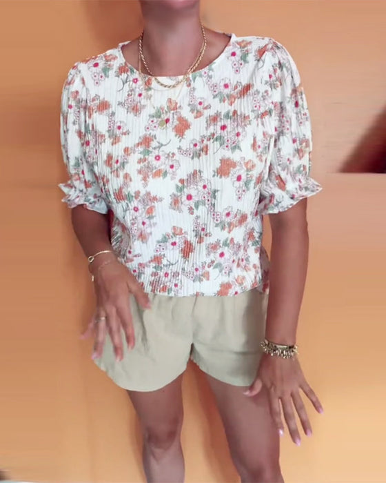 Bluzka Okrągły Dekor Kwiatowy Krótki Rękaw