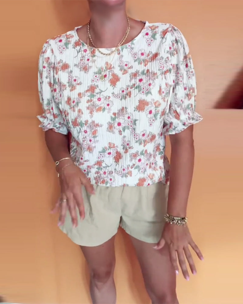 Bluzka Okrągły Dekor Kwiatowy Krótki Rękaw