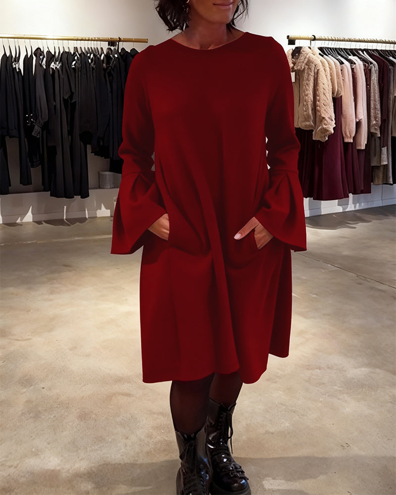 Sukienka Jednokolorowy Rozkloszowany Rękaw Marszczony