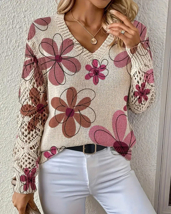 Sweter Wiązany Z Dekoltem W Serek I Ażurowym Wzorem