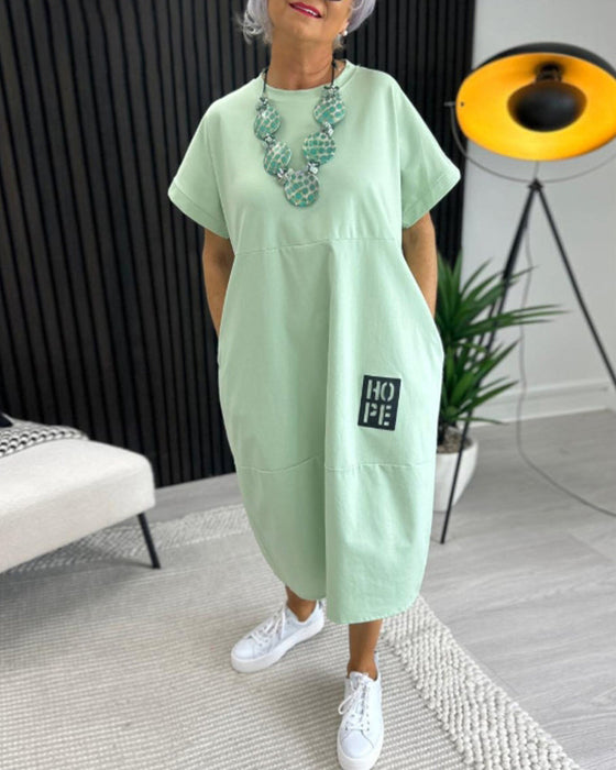 Sukienka Krótki Rękaw Swobodna Prosta Kieszeń