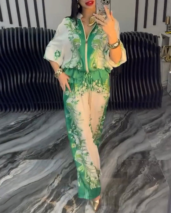 Garnitur o Szerokich Nogawkach Temperament Stójka Zamek Błyskawiczny